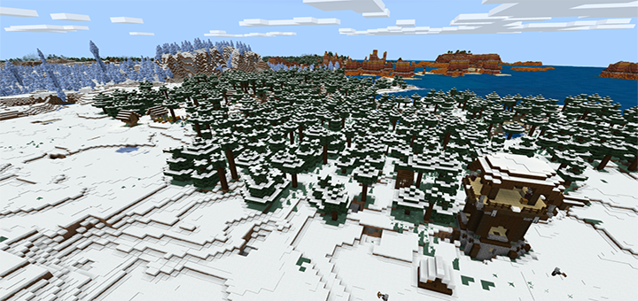 Spawn near a Mesa Bryce/Ice Spike combo with 3 Villages and a Pillager Outpost nearby! (For v.1.11+ only)